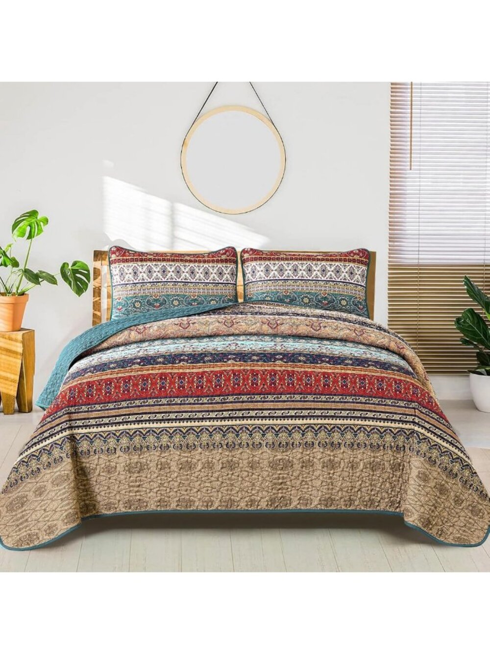 Boho King Quilt Bedding Set - 3 Piece Bedspread in Brown & Green, Cozy Decor